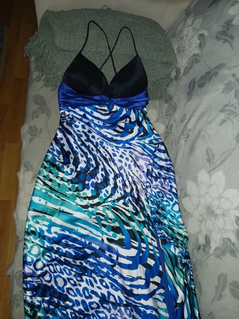 Blue & Teal Printed Maxi Dress with Black Bodice